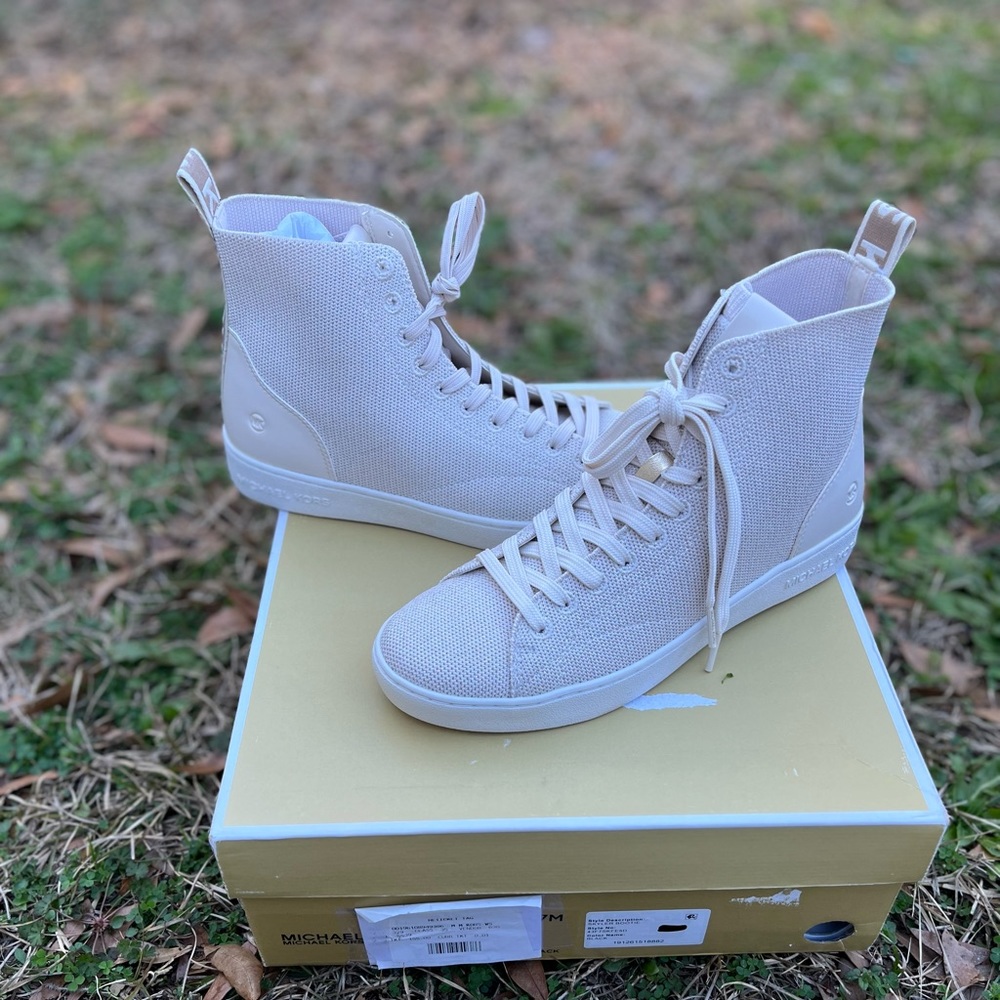 MICHAEL MICHAEL KORS Women's LT Cream Edie Knit Lace-Up High-Top Sneakers